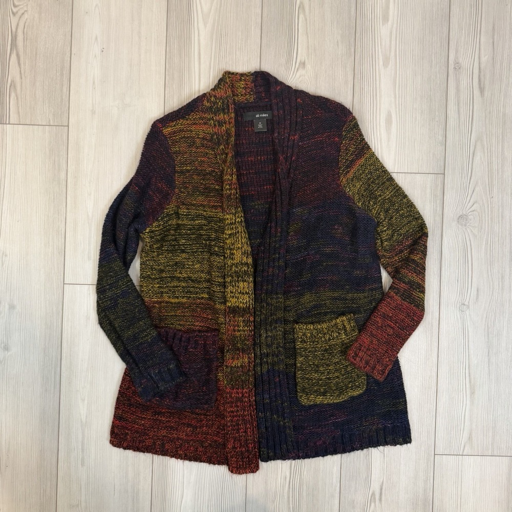 Ali Miles Women's Medium Rainbow Knit Open Front Cardigan Sweater Pockets